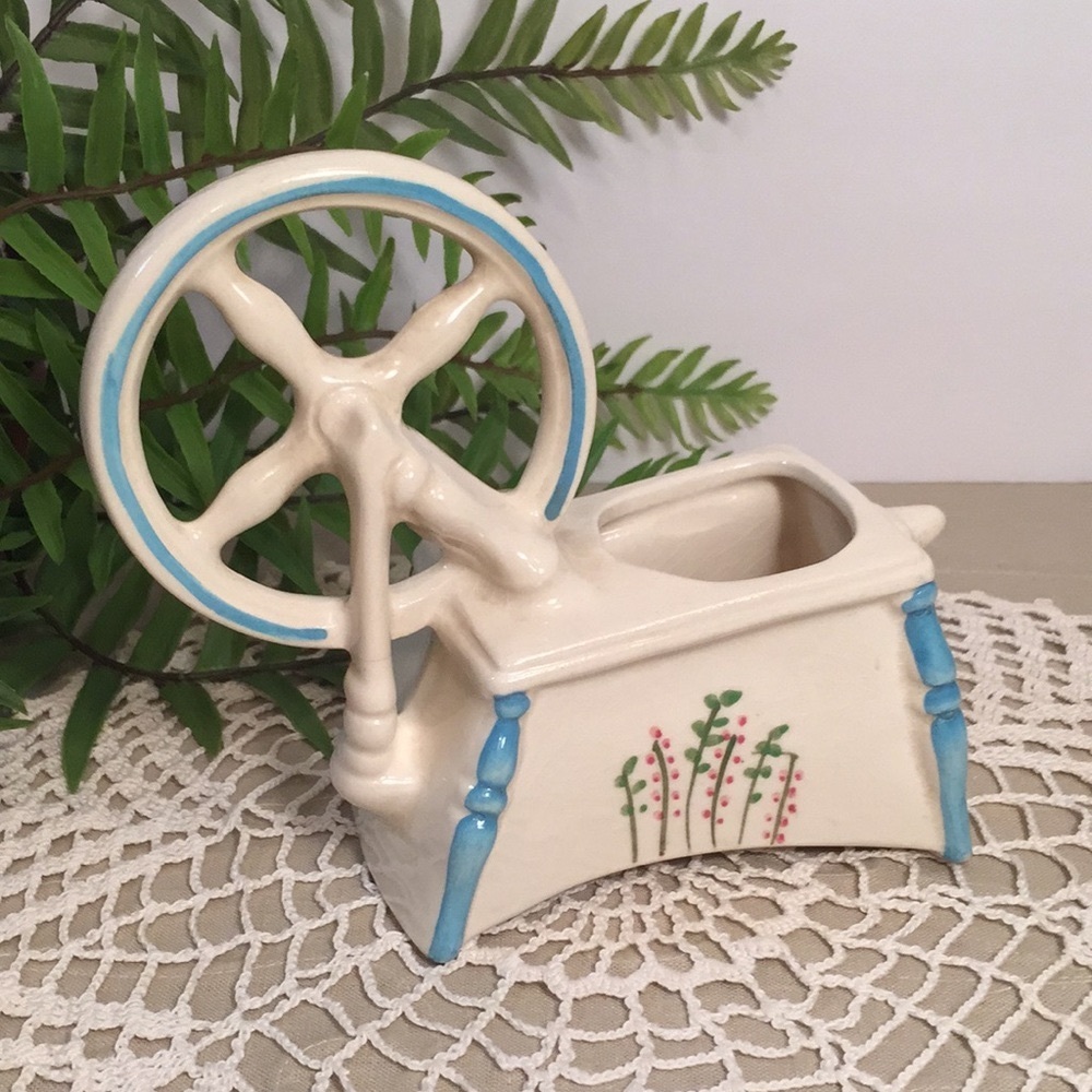Vintage Spinning Wheel Ceramic Planter Floral Design